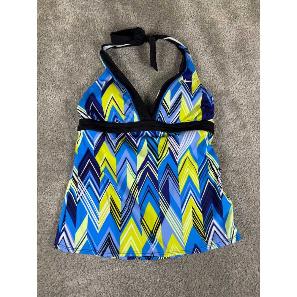 Nike Womens Blue Lime Green Chevron Halter Tankini Swim Top Size 8